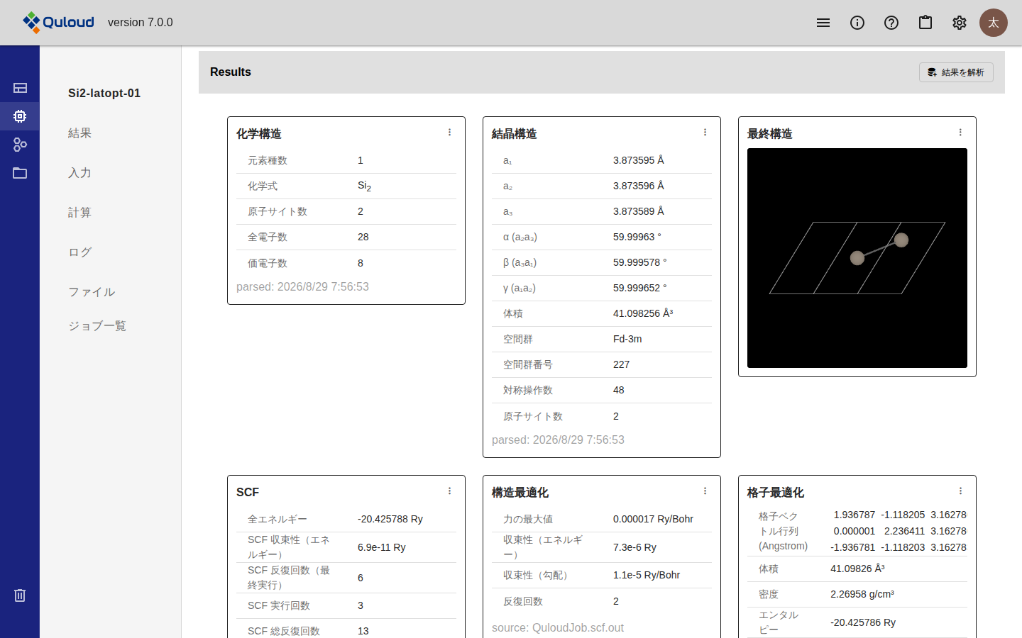 格子定数最適化の Job の「Results」。化学構造（元素種数・化学式・原子サイト数・全電子数・価電子数）、結晶構造（格子定数 a1 a2 a3、角度、体積、空間群、空間群番号、対称操作数、原子サイト数）、最終構造（原子と結合を描いた 3D ビューア）の 3 枚が上段に並び、下段に SCF・構造最適化・格子最適化のカードが続いている。